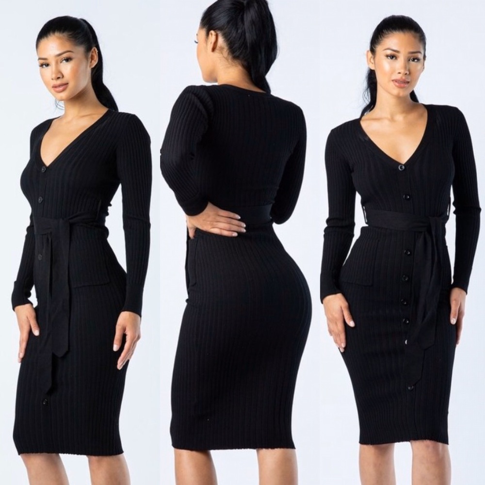 βΌοΈ Black button waist tie stretch midi body dress - Picture 1 of 2